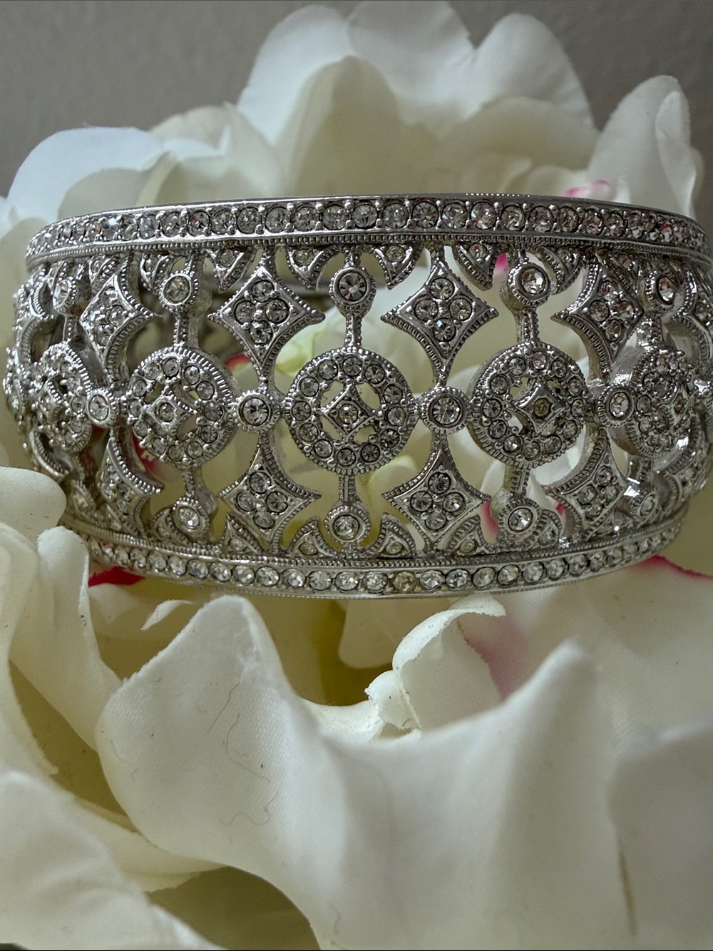 Nadri Wedding Bridal Rhinestone Filigree Silver Cuff Bracelet